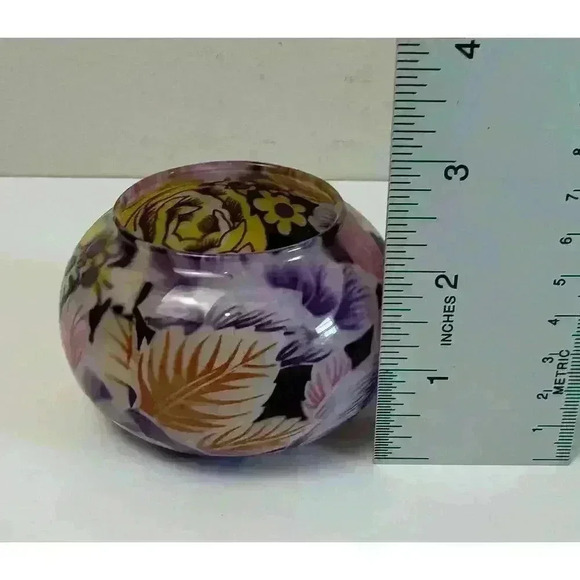 Glass Floral Design Art Glass Votive Candle Holder Purple Yellow Vivid Florals - Picture 4 of 8